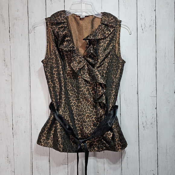 Vintage Isadora Collection Animal Print Tie Waist Ruffle Front Shirt Size 10. - Picture 1 of 7